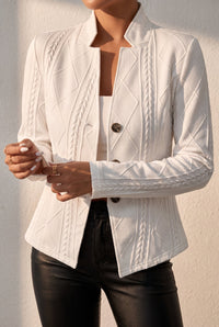 White textured knit blazer styled on Cape Cod for women 50+ – Susan & Anne
