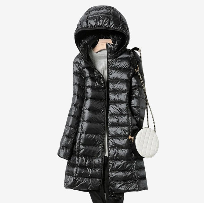 Close-up of the claudette hooded longline puffer coat