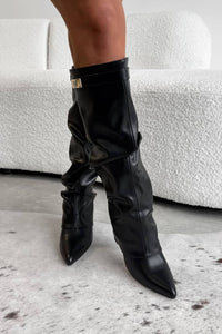 Slouchy Fold-Over Lock Faux Leather Knee-High Boots in black — view 10