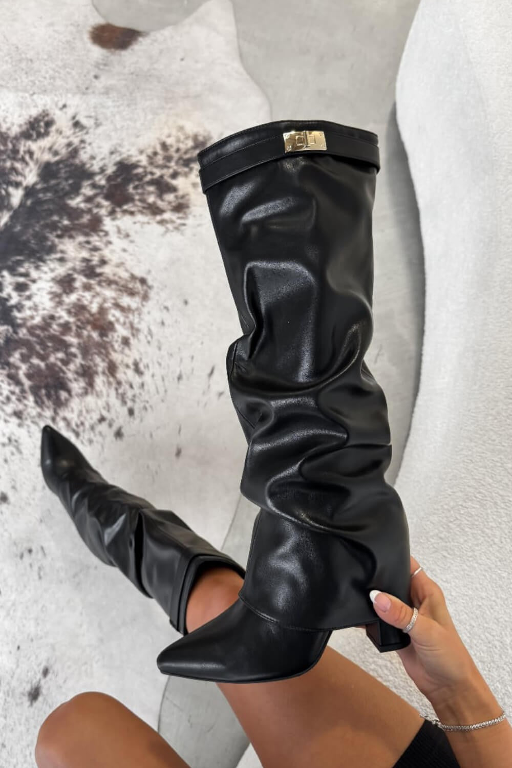 Slouchy Fold-Over Lock Faux Leather Knee-High Boots in black — view 11