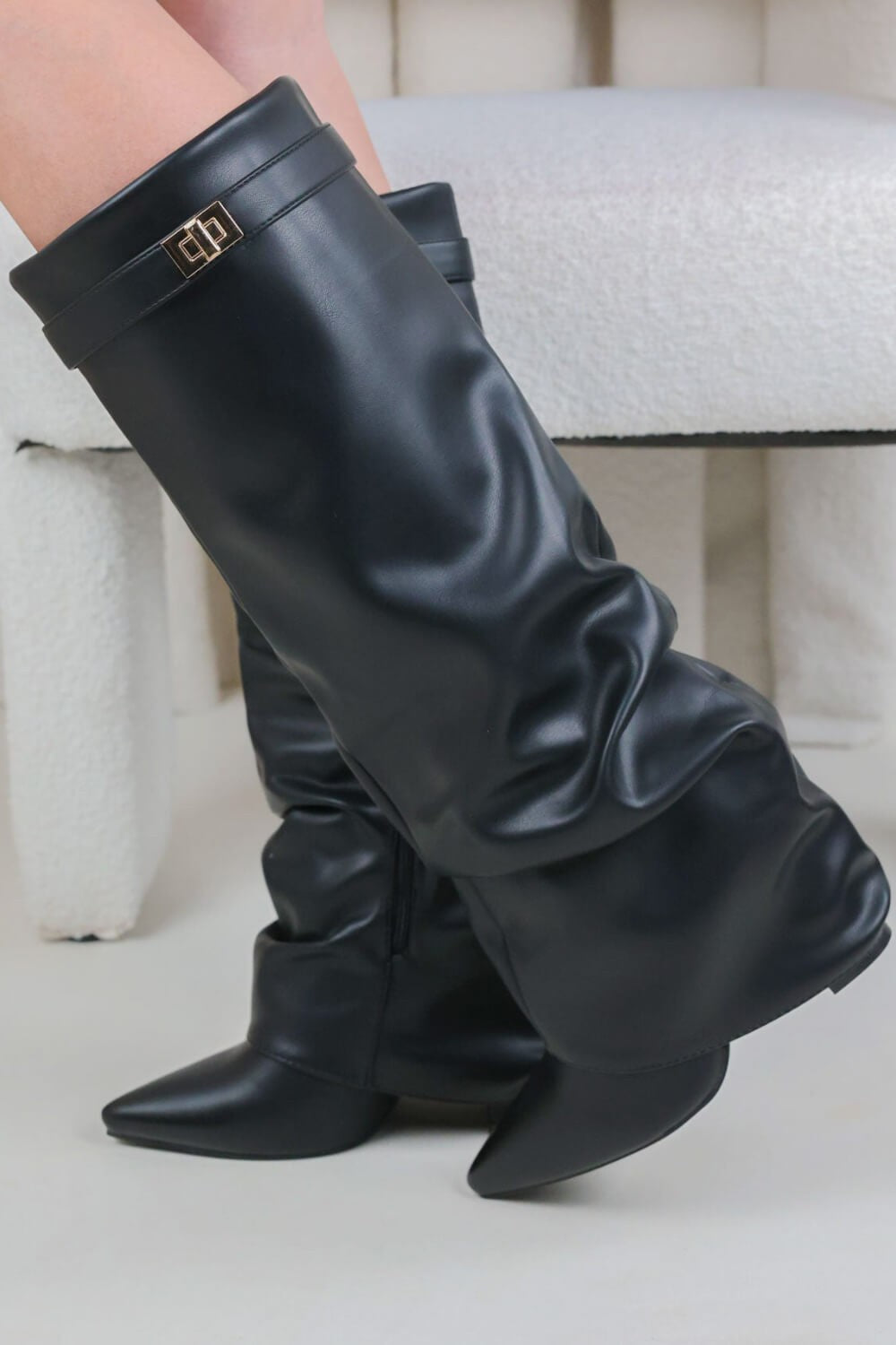 Slouchy Fold-Over Lock Faux Leather Knee-High Boots in black — view 2