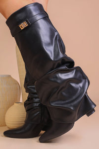 Slouchy Fold-Over Lock Faux Leather Knee-High Boots in black — view 4