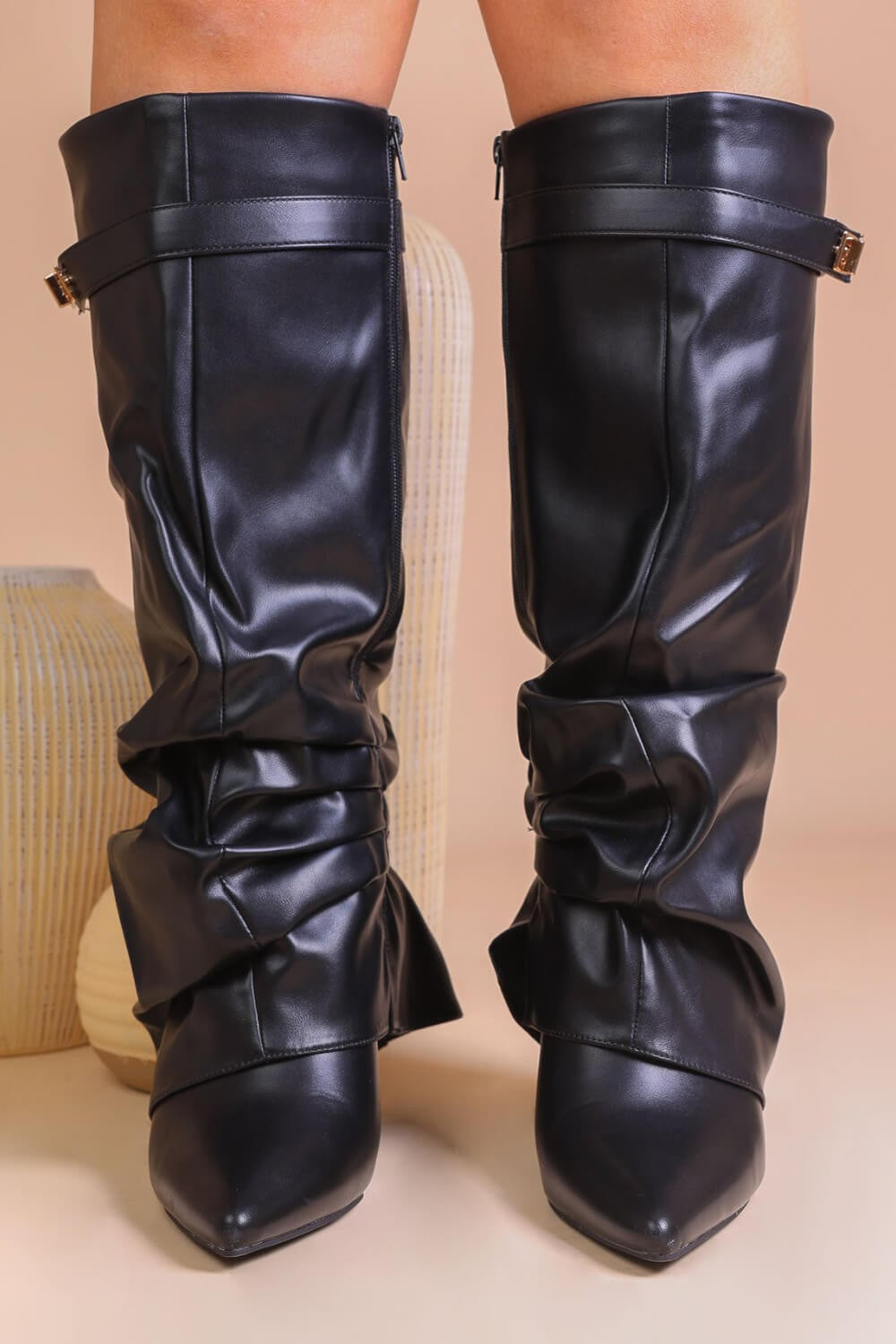 Slouchy Fold-Over Lock Faux Leather Knee-High Boots in black — view 5