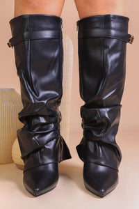 Slouchy Fold-Over Lock Faux Leather Knee-High Boots in black — view 5