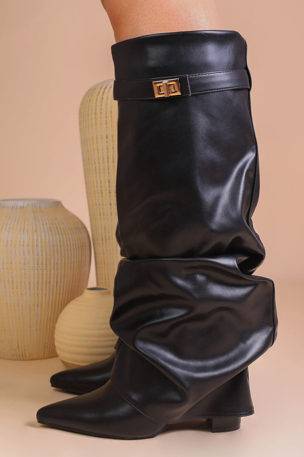 Slouchy Fold-Over Lock Faux Leather Knee-High Boots in black — view 6