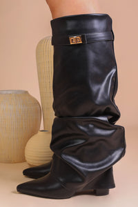Slouchy Fold-Over Lock Faux Leather Knee-High Boots in black — view 6