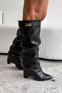 Slouchy Fold-Over Lock Faux Leather Knee-High Boots in black — view 8