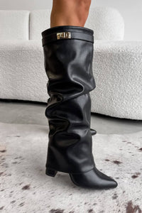 Slouchy Fold-Over Lock Faux Leather Knee-High Boots in black — view 9