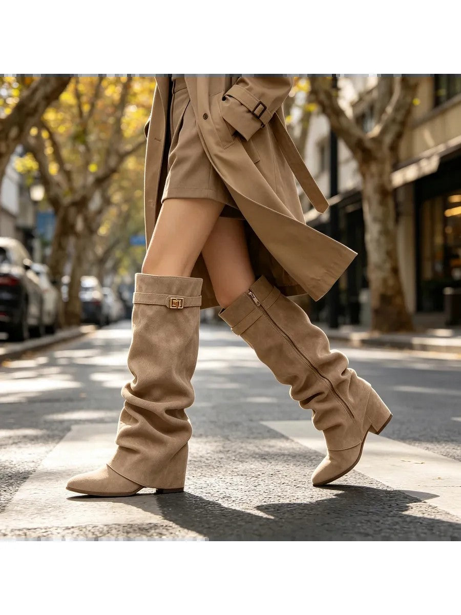 Slouchy Fold-Over Lock Knee-High Boots in beige — view 2