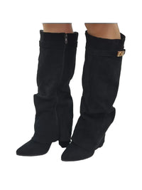 Slouchy Fold-Over Lock Knee-High Boots in black — view 4