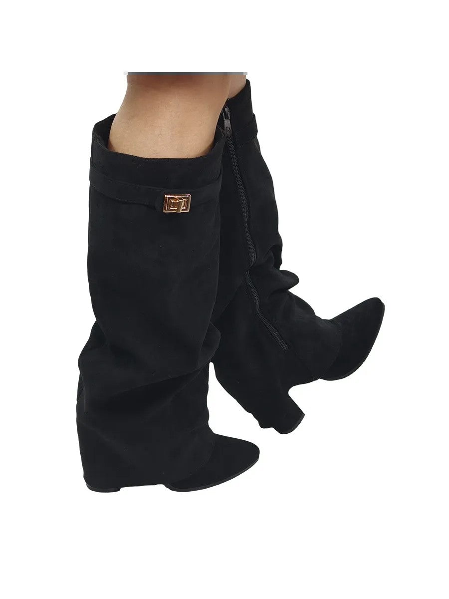 Slouchy Fold-Over Lock Knee-High Boots in black — view 5