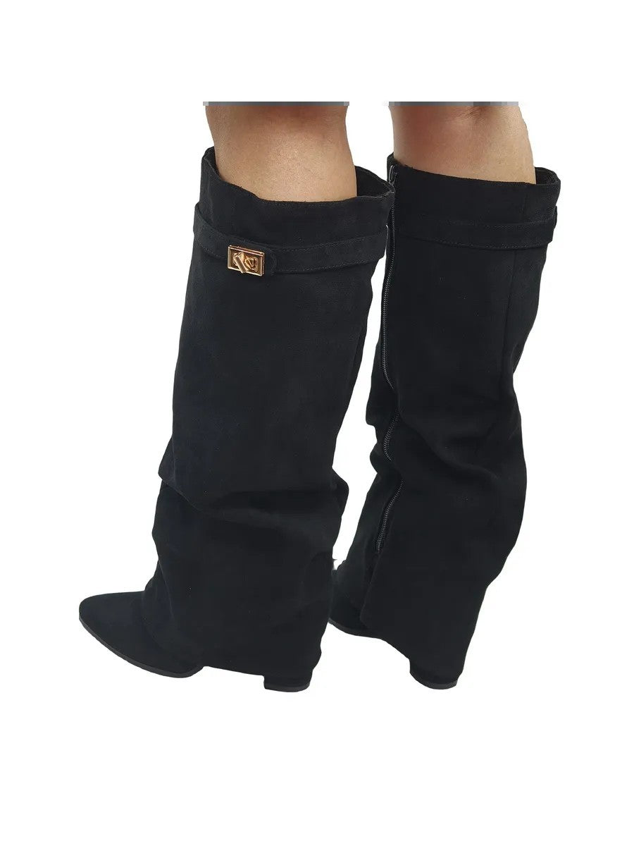 Slouchy Fold-Over Lock Knee-High Boots in black — view 6