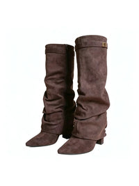 Woman wearing the slouchy fold-over lock knee-high boots in brown