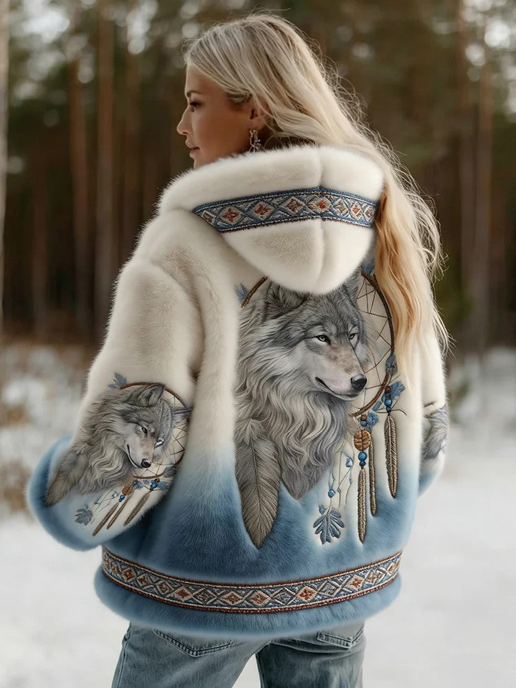 Hooded Wolf-Print Jacket