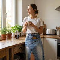 Woman wearing the anella vintage-wash maxi skirt