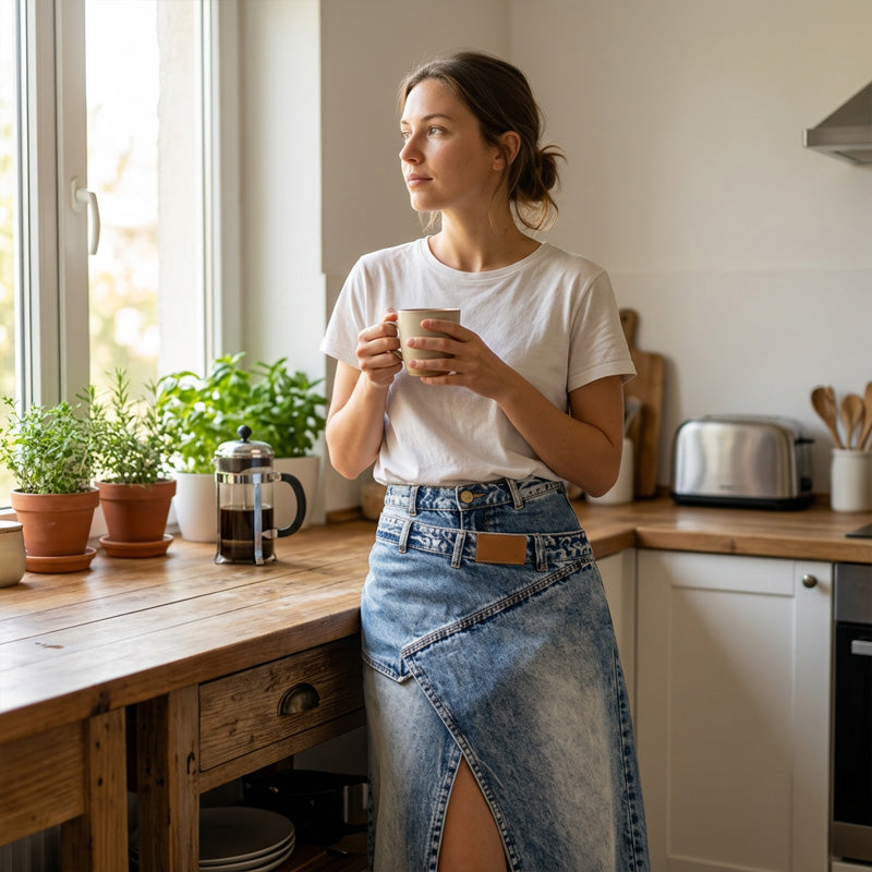 Woman wearing the anella vintage-wash maxi skirt