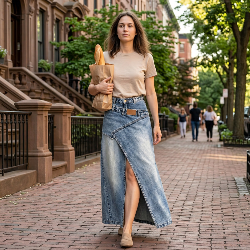Front view of the anella vintage-wash maxi skirt