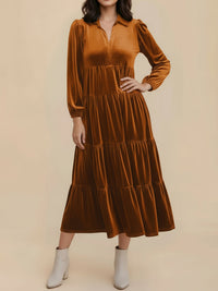 Elegant Velvet Midi Dress for Women with Collar Long Sleeve Tiered Flowing Fall Wedding Guest Style - Susan & Anne