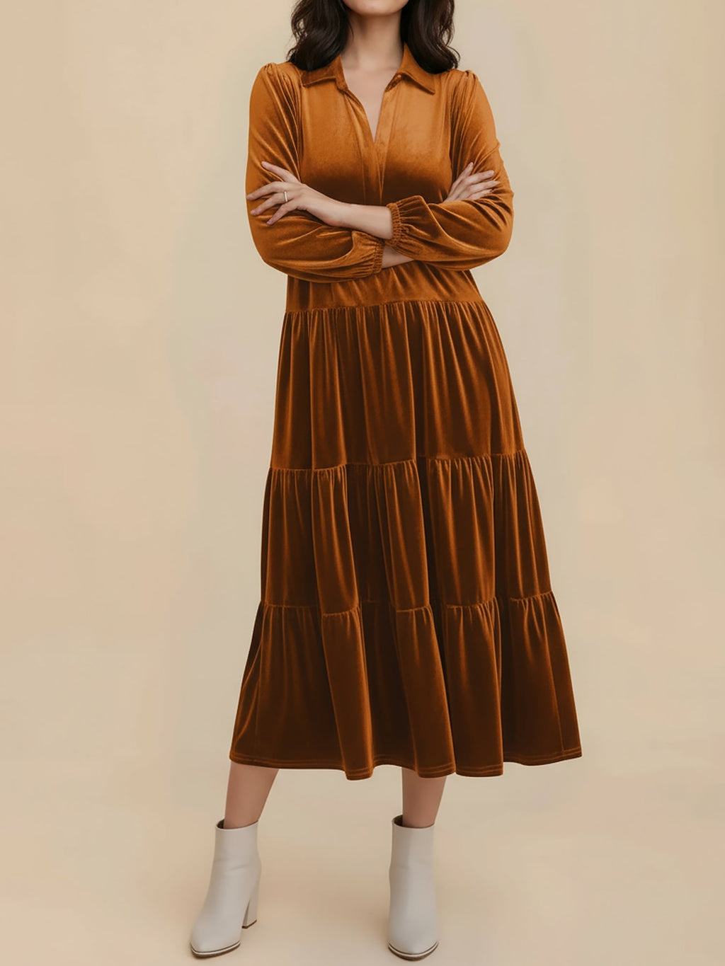 Elegant Velvet Midi Dress for Women with Collar Long Sleeve Tiered Flowing Fall Wedding Guest Style - Susan & Anne