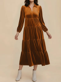 Elegant Velvet Midi Dress for Women with Collar Long Sleeve Tiered Flowing Fall Wedding Guest Style - Susan & Anne