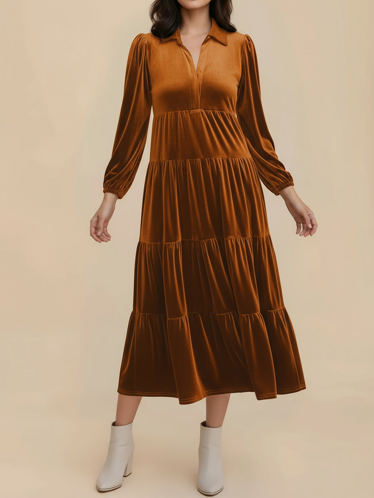 Elegant Velvet Midi Dress for Women with Collar Long Sleeve Tiered Flowing Fall Wedding Guest Style - Susan & Anne