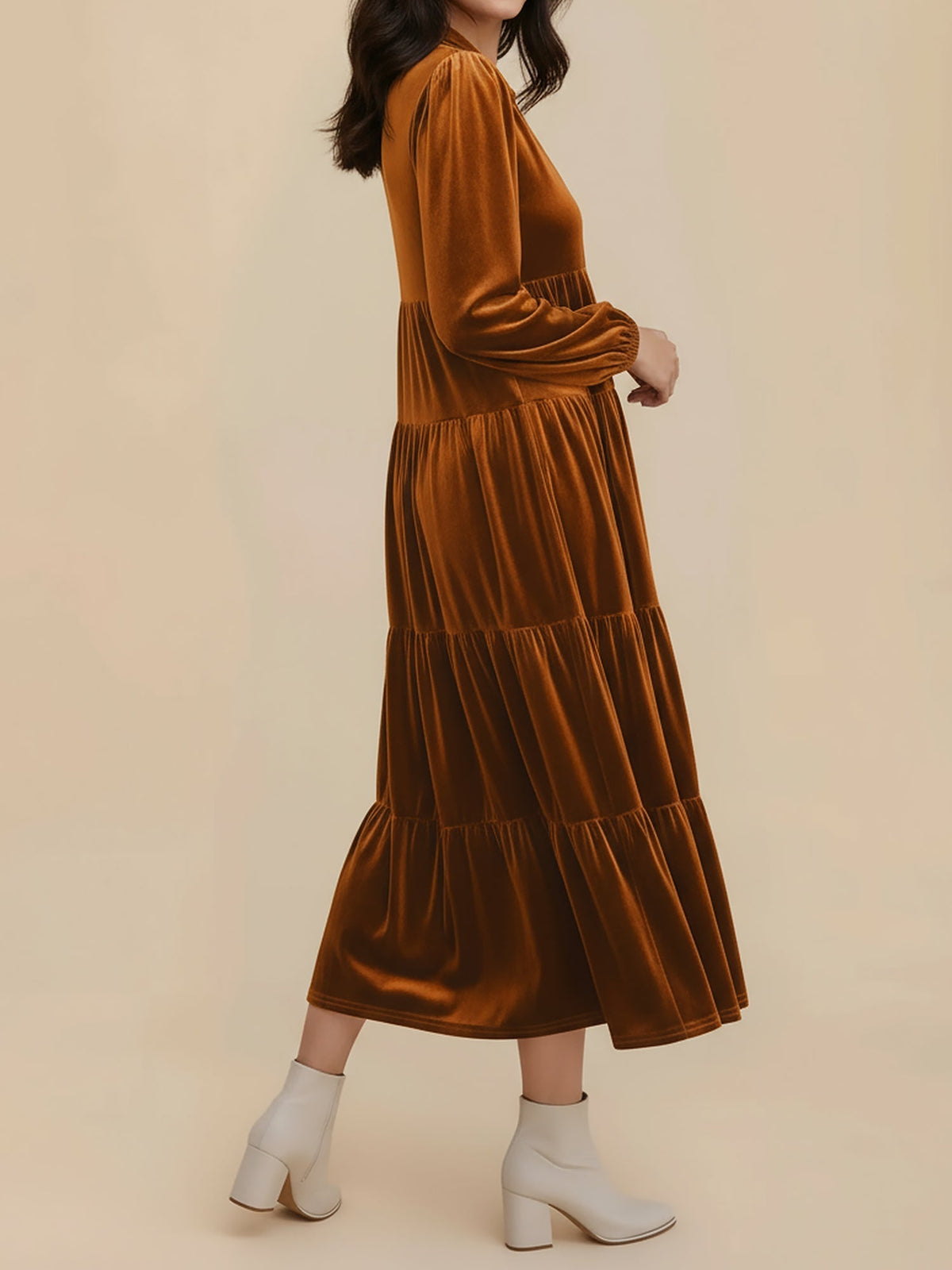 Elegant Velvet Midi Dress for Women with Collar Long Sleeve Tiered Flowing Fall Wedding Guest Style - Susan & Anne