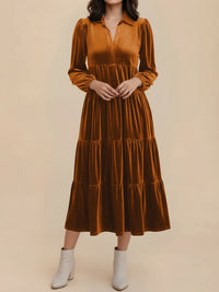 Elegant Velvet Midi Dress for Women with Collar Long Sleeve Tiered Flowing Fall Wedding Guest Style - Susan & Anne