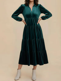 Elegant Velvet Midi Dress for Women with Collar Long Sleeve Tiered Flowing Fall Wedding Guest Style - Susan & Anne