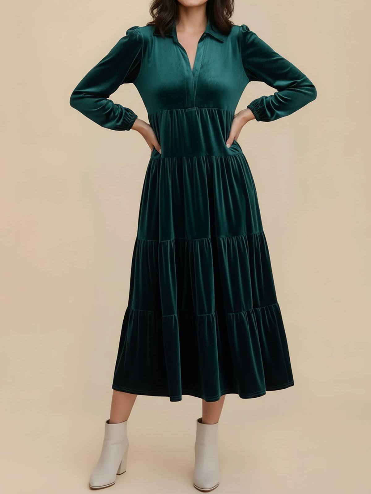 Elegant Velvet Midi Dress for Women with Collar Long Sleeve Tiered Flowing Fall Wedding Guest Style - Susan & Anne