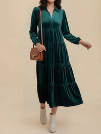 Elegant Velvet Midi Dress for Women with Collar Long Sleeve Tiered Flowing Fall Wedding Guest Style - Susan & Anne