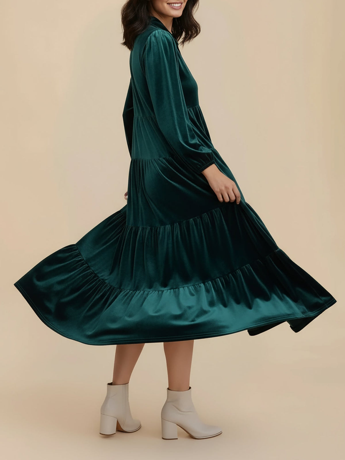 Elegant Velvet Midi Dress for Women with Collar Long Sleeve Tiered Flowing Fall Wedding Guest Style - Susan & Anne