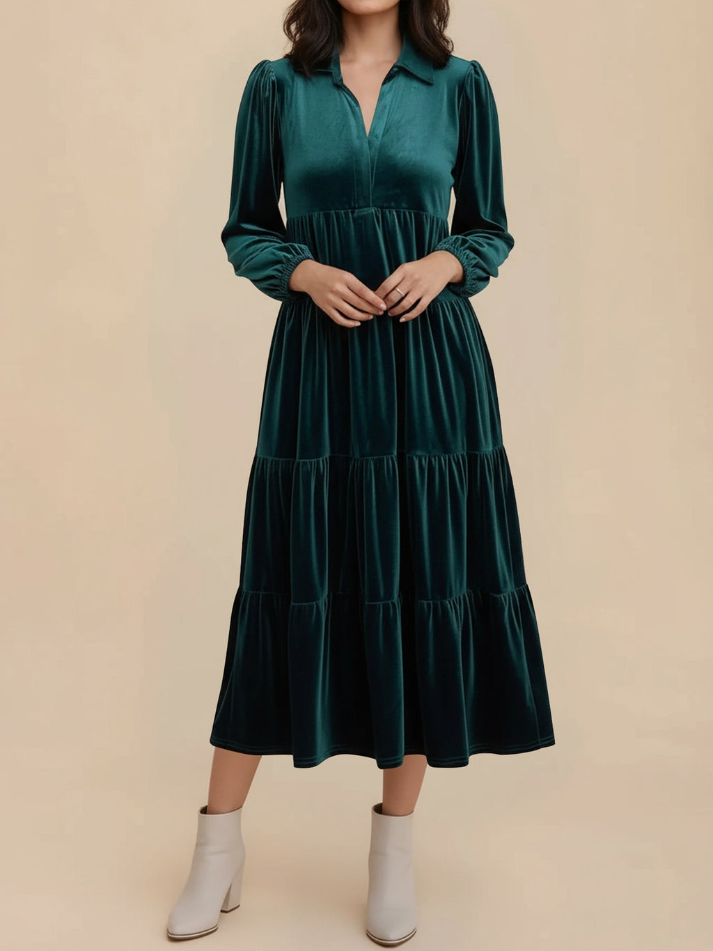 Elegant Velvet Midi Dress for Women with Collar Long Sleeve Tiered Flowing Fall Wedding Guest Style - Susan & Anne