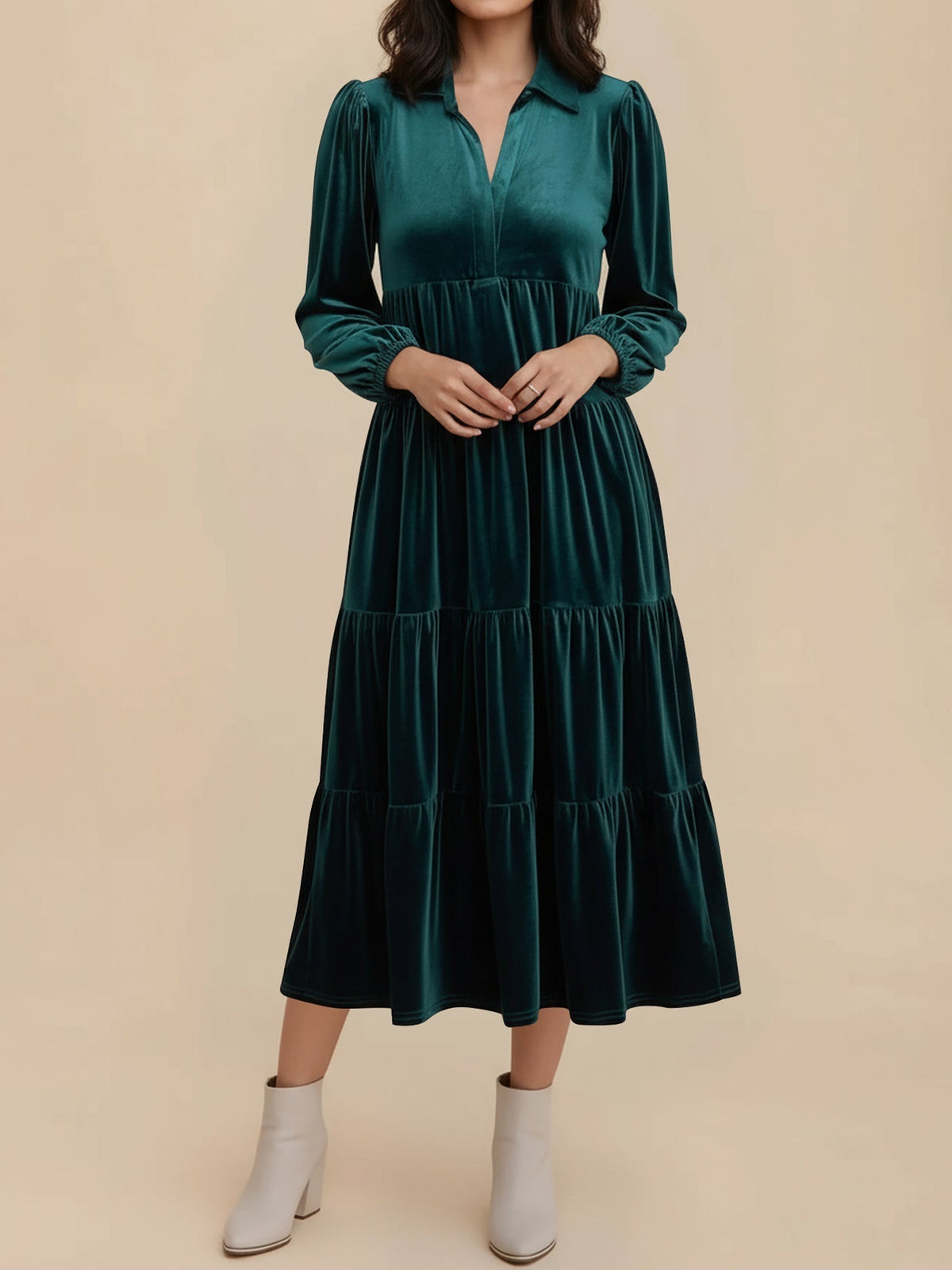 Elegant Velvet Midi Dress for Women with Collar Long Sleeve Tiered Flowing Fall Wedding Guest Style - Susan & Anne