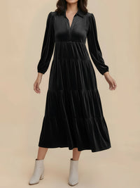 Elegant Velvet Midi Dress for Women with Collar Long Sleeve Tiered Flowing Fall Wedding Guest Style - Susan & Anne
