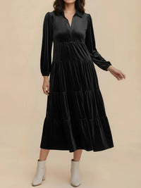 Elegant Velvet Midi Dress for Women with Collar Long Sleeve Tiered Flowing Fall Wedding Guest Style - Susan & Anne