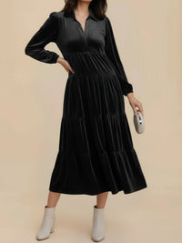 Elegant Velvet Midi Dress for Women with Collar Long Sleeve Tiered Flowing Fall Wedding Guest Style - Susan & Anne