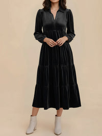 Elegant Velvet Midi Dress for Women with Collar Long Sleeve Tiered Flowing Fall Wedding Guest Style - Susan & Anne