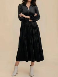 Elegant Velvet Midi Dress for Women with Collar Long Sleeve Tiered Flowing Fall Wedding Guest Style - Susan & Anne