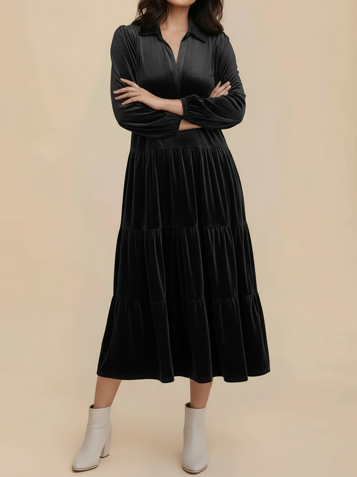 Elegant Velvet Midi Dress for Women with Collar Long Sleeve Tiered Flowing Fall Wedding Guest Style - Susan & Anne