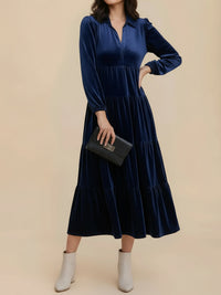 Elegant Velvet Midi Dress for Women with Collar Long Sleeve Tiered Flowing Fall Wedding Guest Style - Susan & Anne