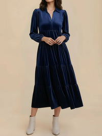 Elegant Velvet Midi Dress for Women with Collar Long Sleeve Tiered Flowing Fall Wedding Guest Style - Susan & Anne