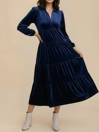 Elegant Velvet Midi Dress for Women with Collar Long Sleeve Tiered Flowing Fall Wedding Guest Style - Susan & Anne
