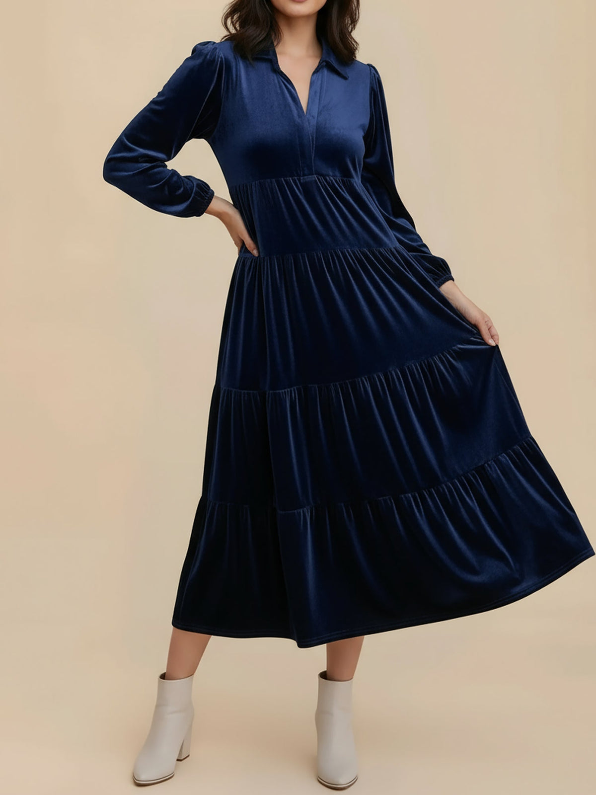 Elegant Velvet Midi Dress for Women with Collar Long Sleeve Tiered Flowing Fall Wedding Guest Style - Susan & Anne