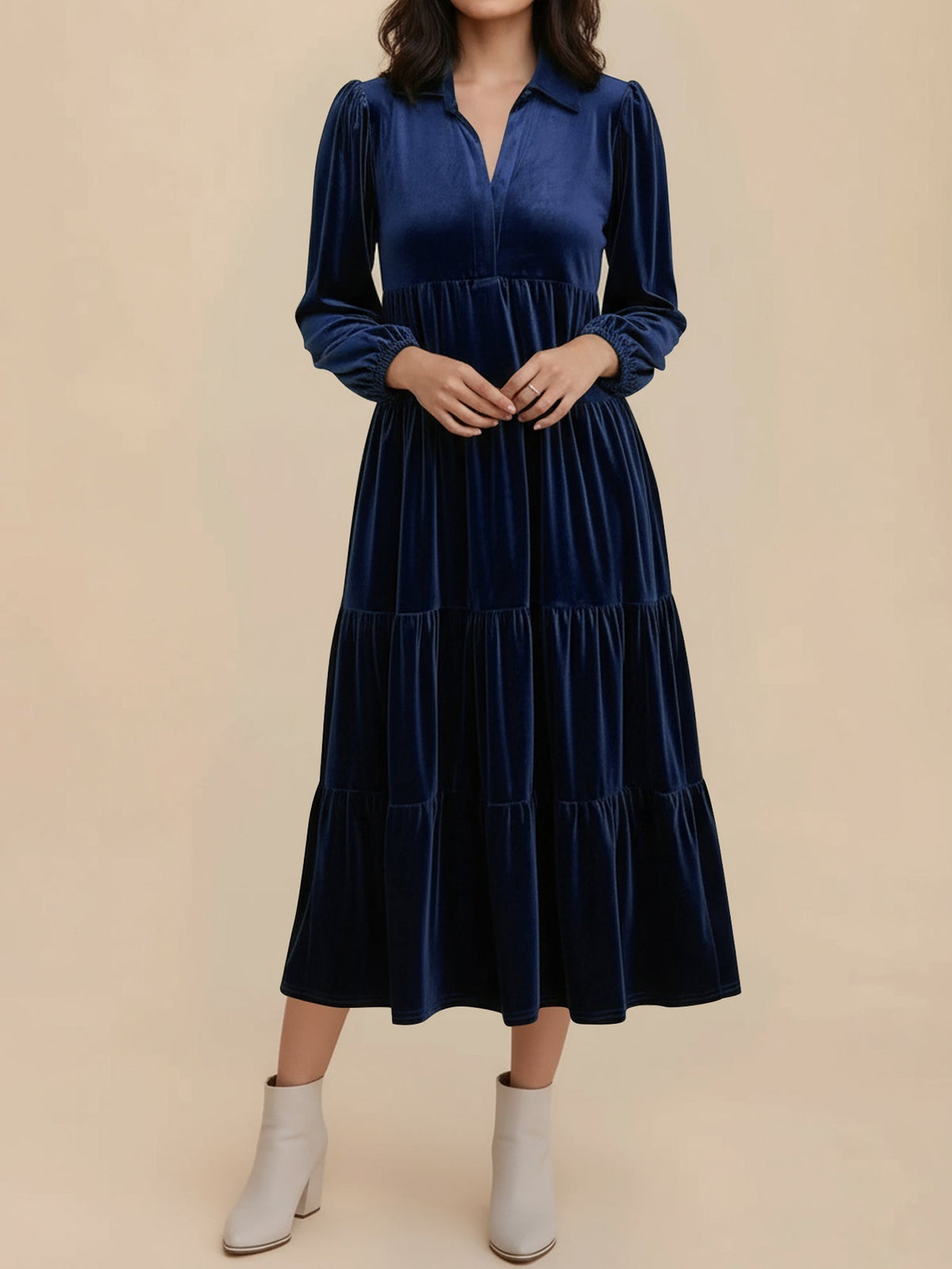 Elegant Velvet Midi Dress for Women with Collar Long Sleeve Tiered Flowing Fall Wedding Guest Style - Susan & Anne