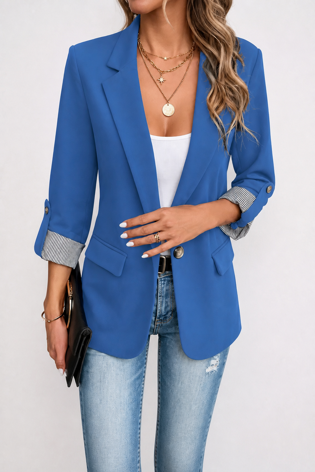 Striped-Cuff Roll-Sleeve Tailored Blazer - Susan & Anne