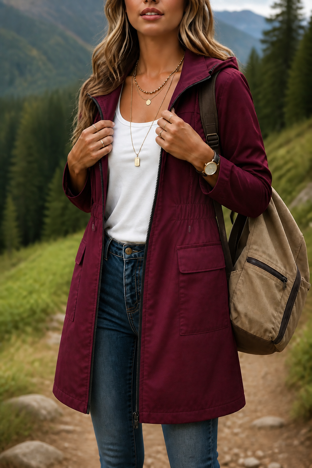 Drawstring Waist Hooded Rain Jacket - Susan & Anne