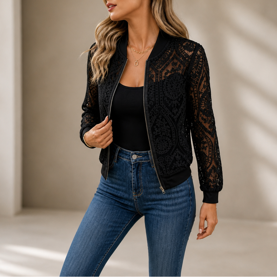Sheer Floral Lace Bomber Jacket - Susan & Anne