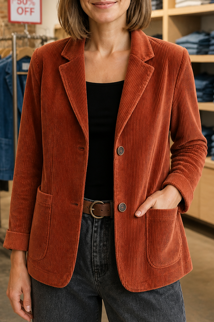 Fine Corduroy-Look Structured-Shoulder Jacket - Susan & Anne