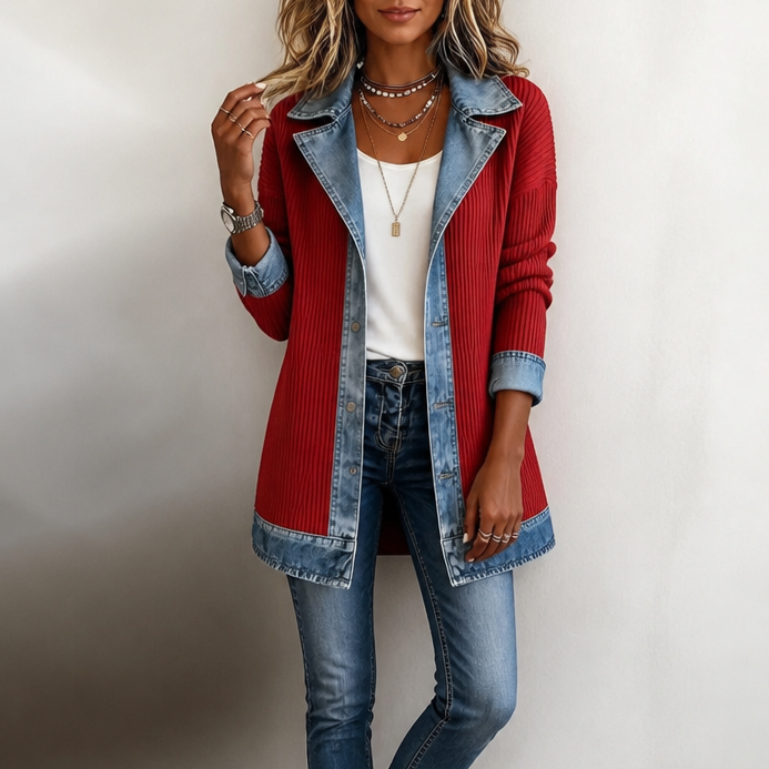 Ribbed Knit Coat With Denim Panels - Susan & Anne