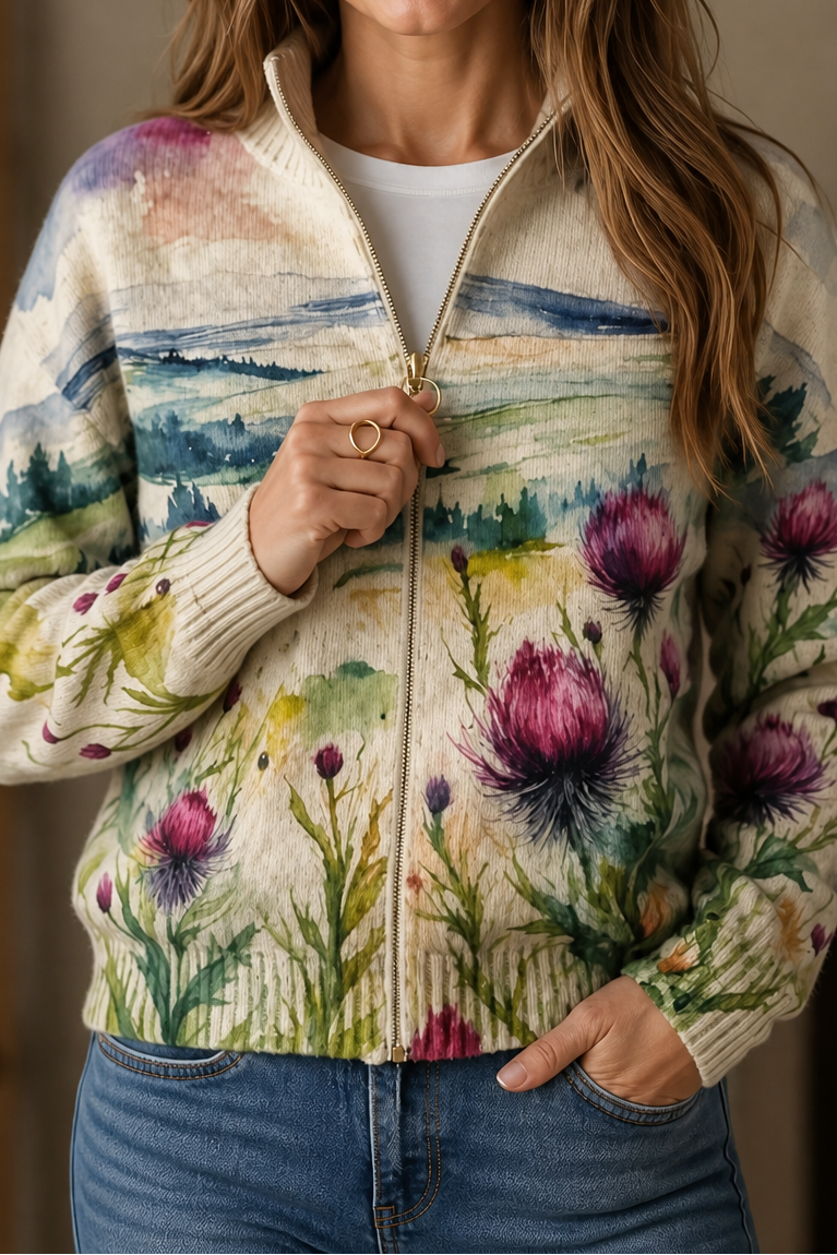 Botanical Print Zip-Up Bomber Cardigan - Susan & Anne